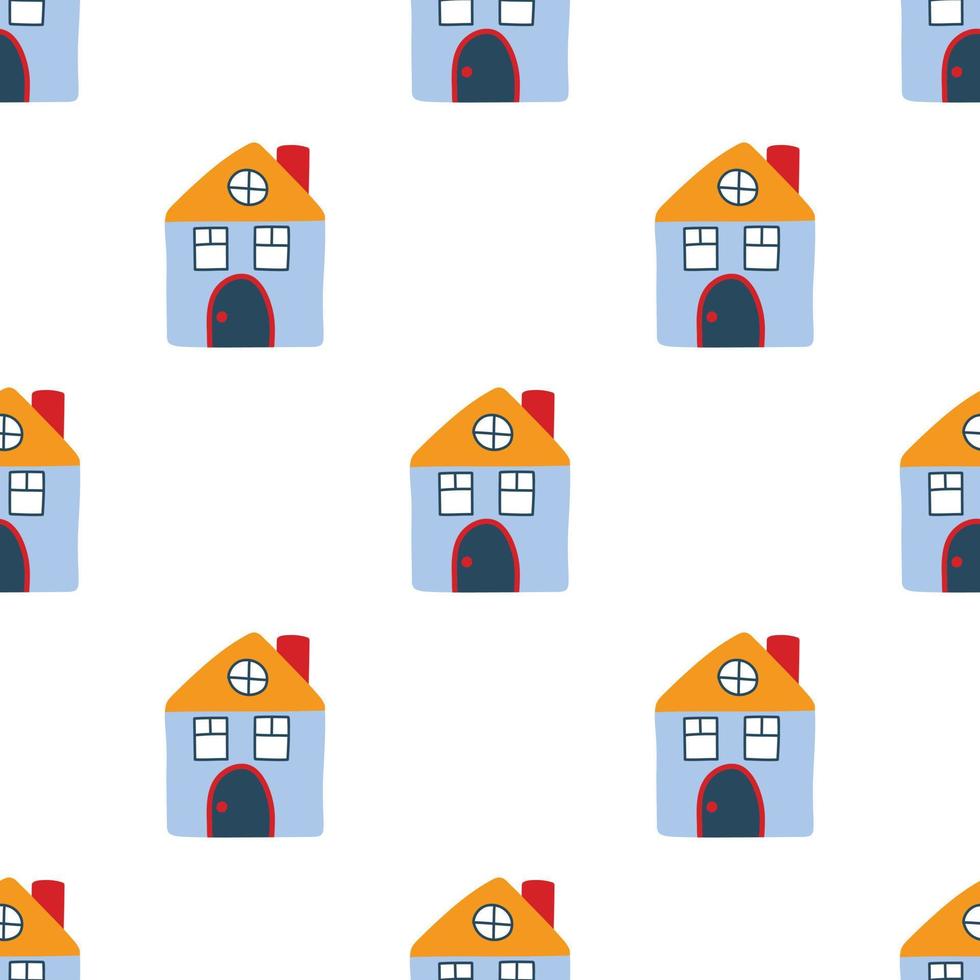 Vector pattern with cute nordic multicolored houses in doodle style, hygge, cozy house on a white background. Pattern for fabrics, postcards, gift wrapping, pajamas.