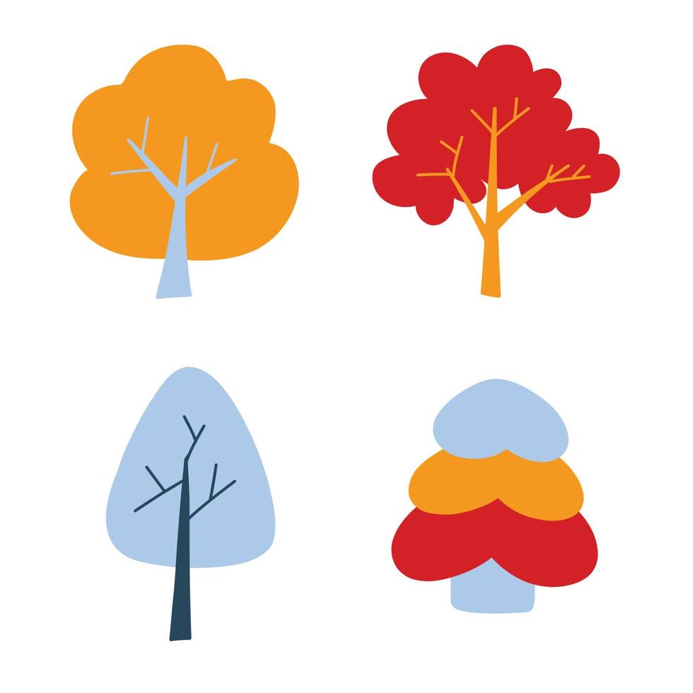 conjunto vectorial con lindos árboles de colores en estilo doodle, coloridos árboles de dibujos animados. lindas ilustraciones para postales, carteles, telas, diseño vector