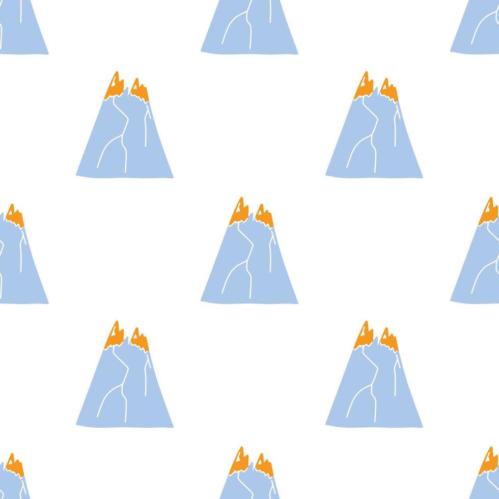 Vector pattern with cute Scandinavian multicolored mountains in the style of doodle, hugge, snowy mountains, nature. Pattern for fabrics, postcards, gift wrapping, pajamas.