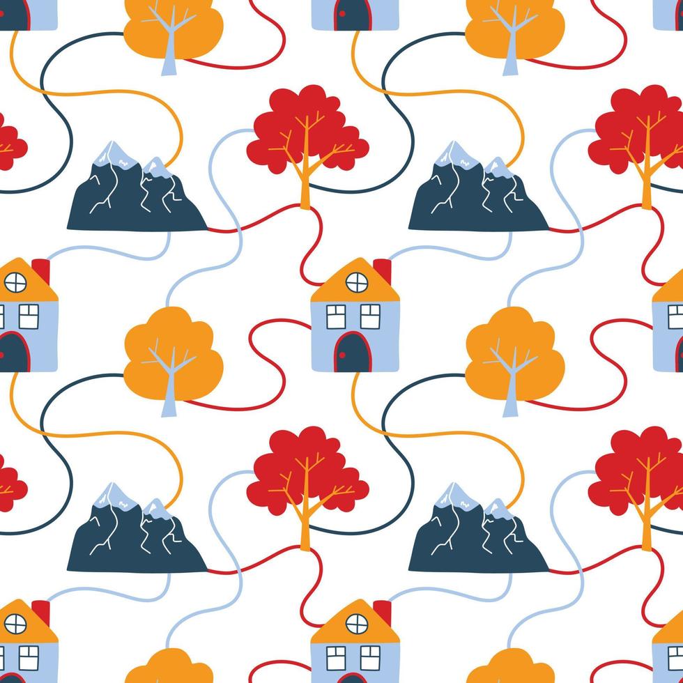 Vector pattern with cute Scandinavian colorful houses, mountains and trees in the style of doodle, hugge, cozy forest, nature, Pattern for fabrics, postcards, pajamas