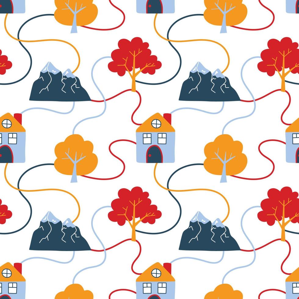 Vector pattern with cute Scandinavian colorful houses, mountains and trees in the style of doodle, hugge, cozy forest, nature, Pattern for fabrics, postcards, pajamas