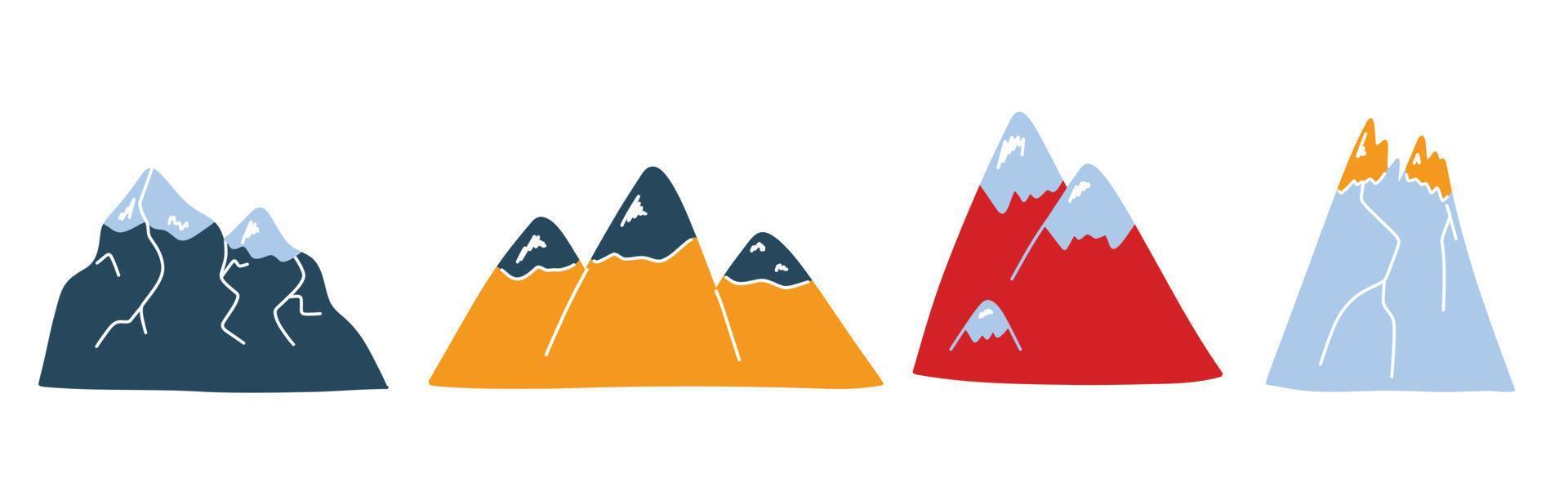 Vector set with cute colored mountains in doodle style, colorful cartoon mountain tops. Cute illustrations for postcards, posters, fabrics, design