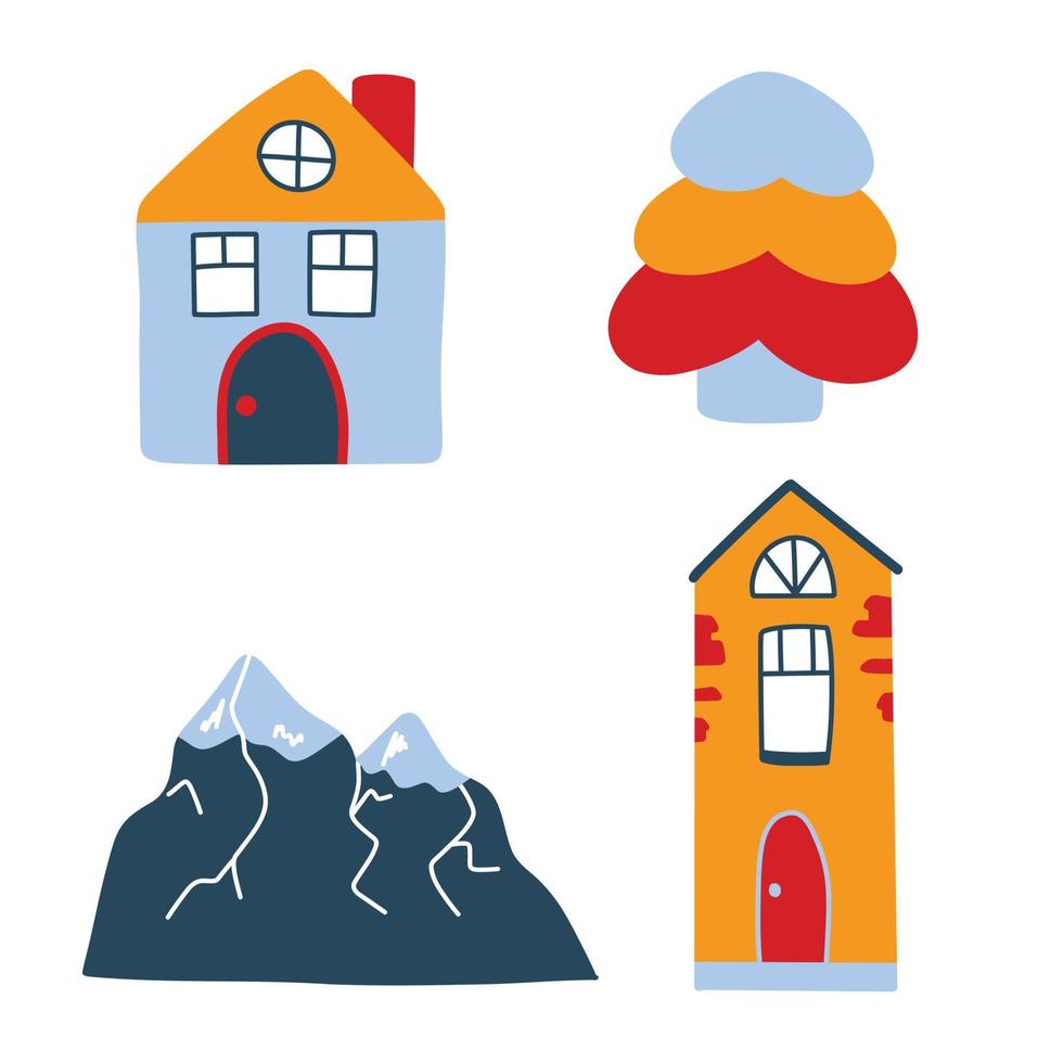 Vector set with cute colored houses, mountains and trees in doodle style. Norwegian houses, mountain peaks. Cute illustrations for postcards, posters, fabrics, design