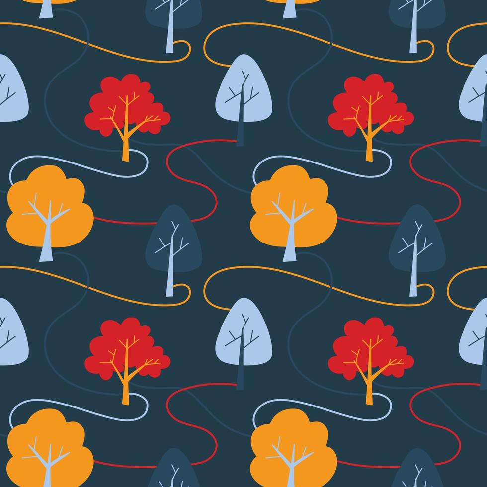Vector pattern with cute Scandinavian multicolored trees in the style of doodle, hugge, cozy forest, nature. Pattern for fabrics, postcards, gift wrapping, pajamas.