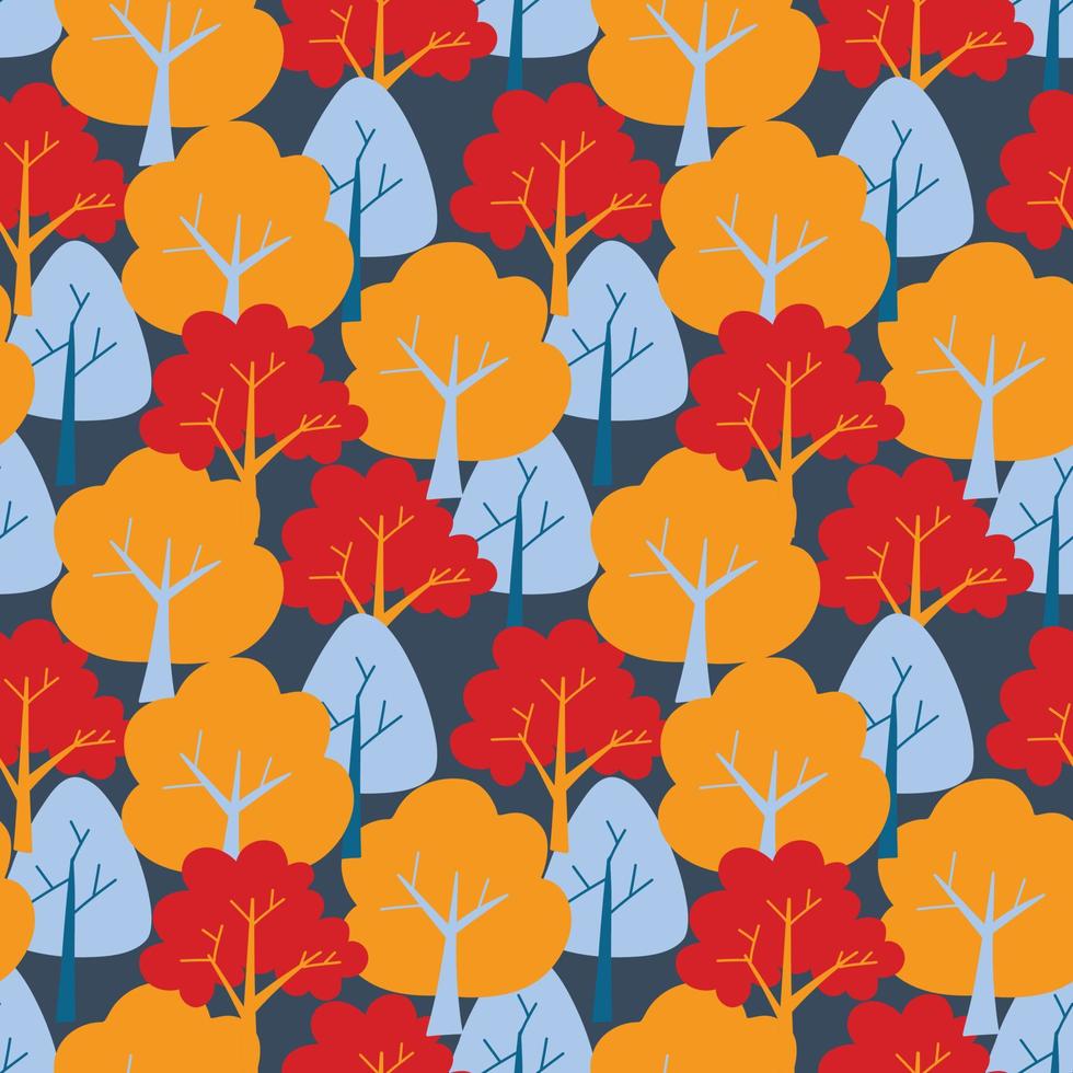 Vector pattern with cute Scandinavian multicolored trees in the style of doodle, hugge, cozy forest, nature. Pattern for fabrics, postcards, gift wrapping, pajamas.