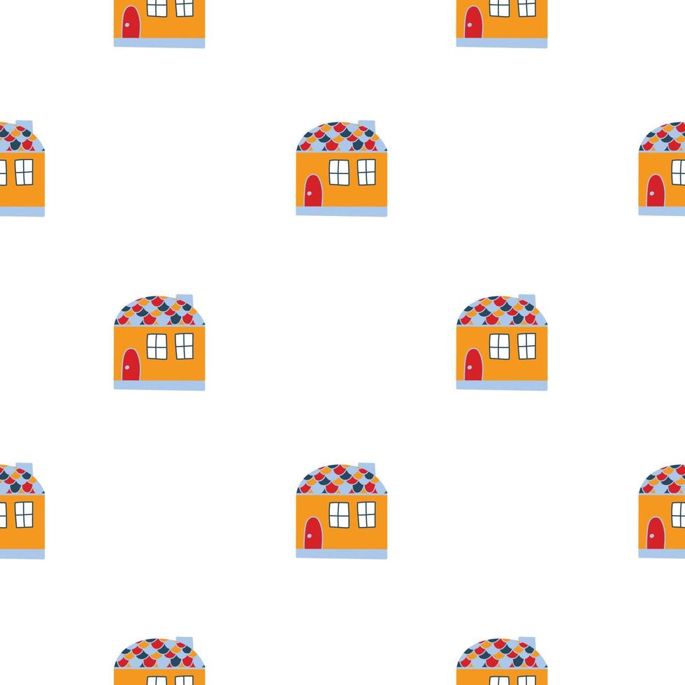 Vector pattern with cute nordic multicolored houses in doodle style, hygge, cozy house on a white background. Pattern for fabrics, postcards, gift wrapping, pajamas.