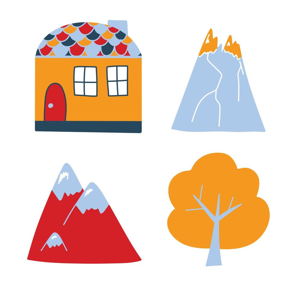 Vector set with cute colored houses, mountains and trees in doodle style. Norwegian houses, mountain peaks. Cute illustrations for postcards, posters, fabrics, design