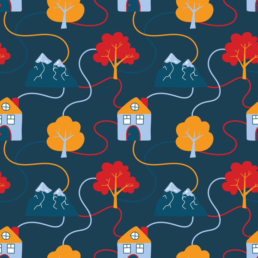 Vector pattern with cute Scandinavian colorful houses, mountains and trees in the style of doodle, hugge, cozy forest, nature. Pattern for fabrics, postcards, gift wrapping, pajamas.