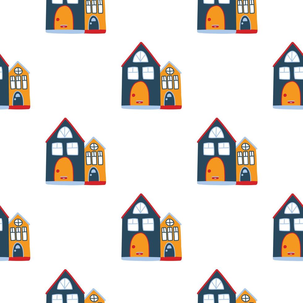 Vector pattern with cute nordic multicolored houses in doodle style, hygge, cozy house on a white background. Pattern for fabrics, postcards, gift wrapping, pajamas.