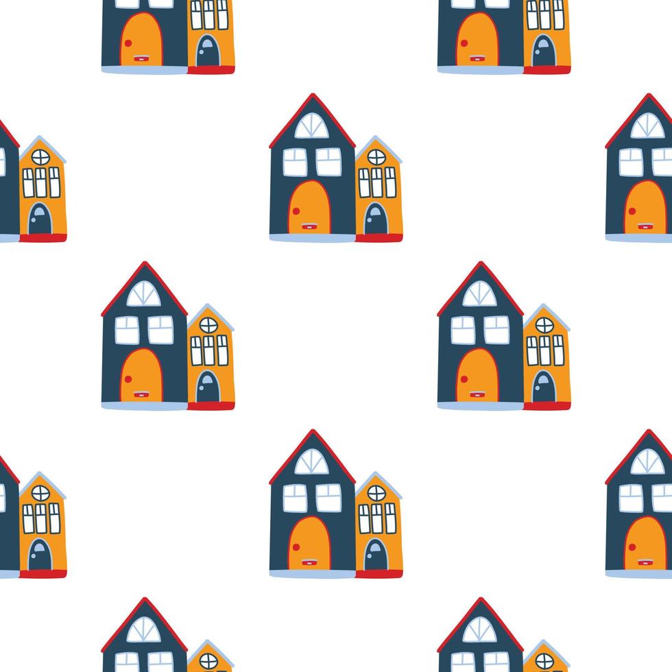 Vector pattern with cute nordic multicolored houses in doodle style, hygge, cozy house on a white background. Pattern for fabrics, postcards, gift wrapping, pajamas.