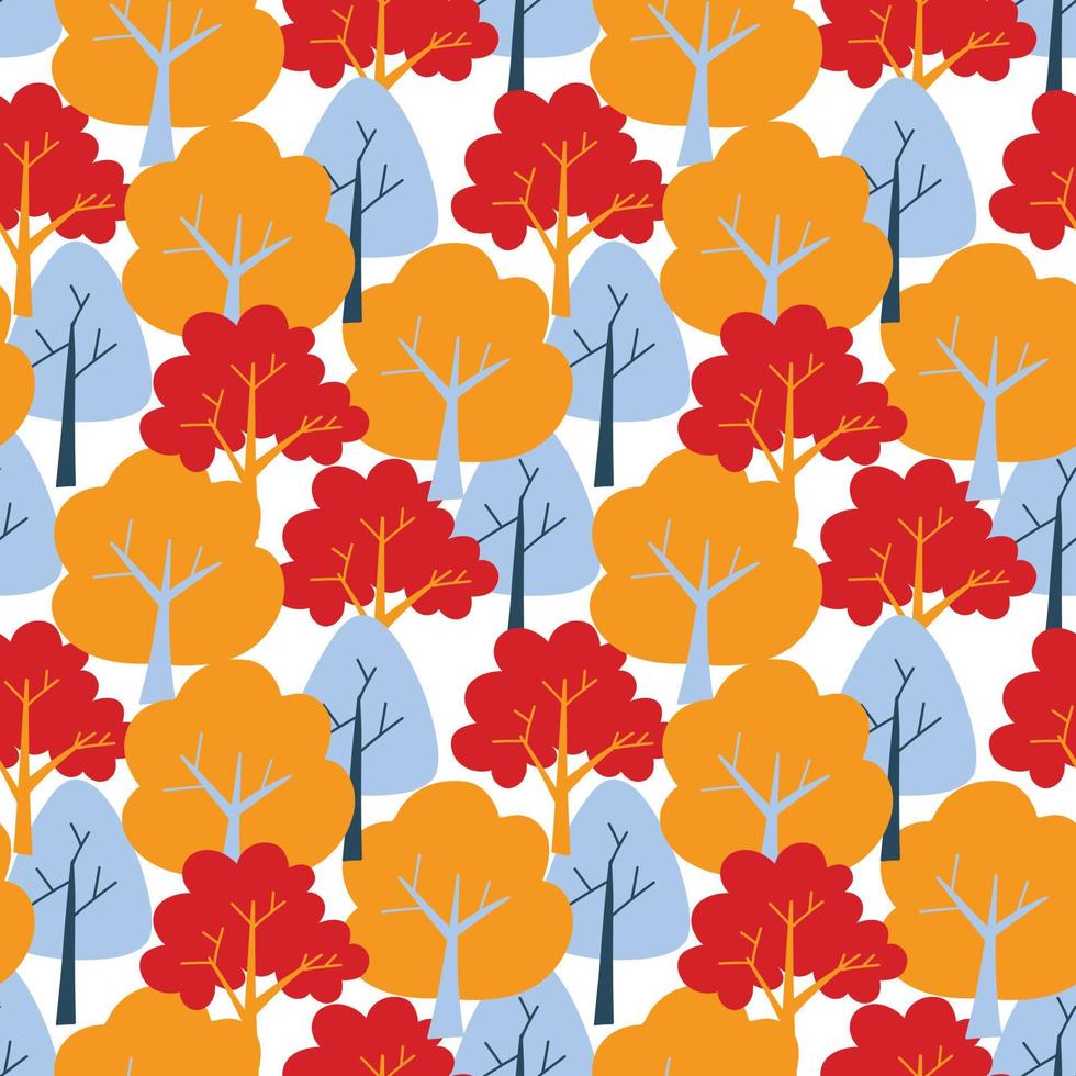 Vector pattern with cute Scandinavian multicolored trees in the style of doodle, hugge, cozy forest, nature. Pattern for fabrics, postcards, gift wrapping, pajamas.