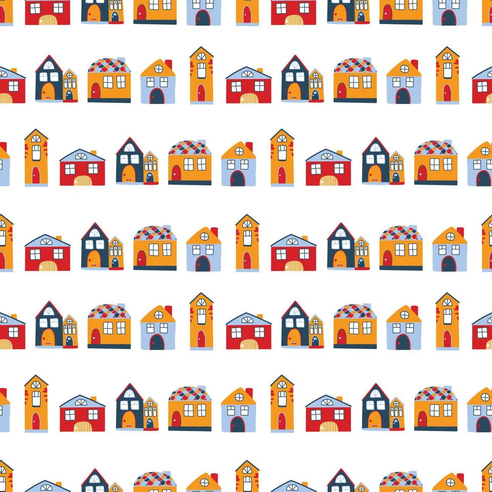 Vector pattern with cute nordic multicolored houses in doodle style, hygge, cozy house on a white background. Pattern for fabrics, postcards, gift wrapping, pajamas.