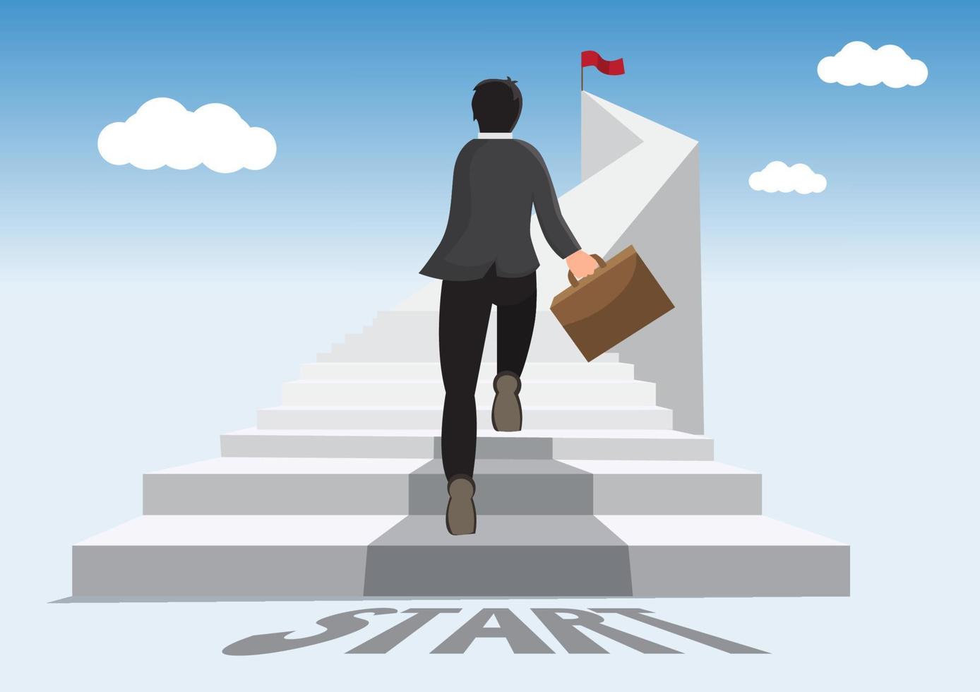 businessman walking up white stairs Growing business travel ideas and paths to success. flat design vector illustration