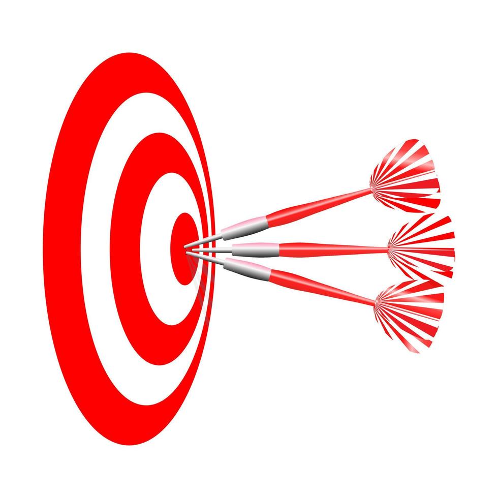 Three Red dart hit to center of dartboard. Dart Target Bullseye. Vector illustration