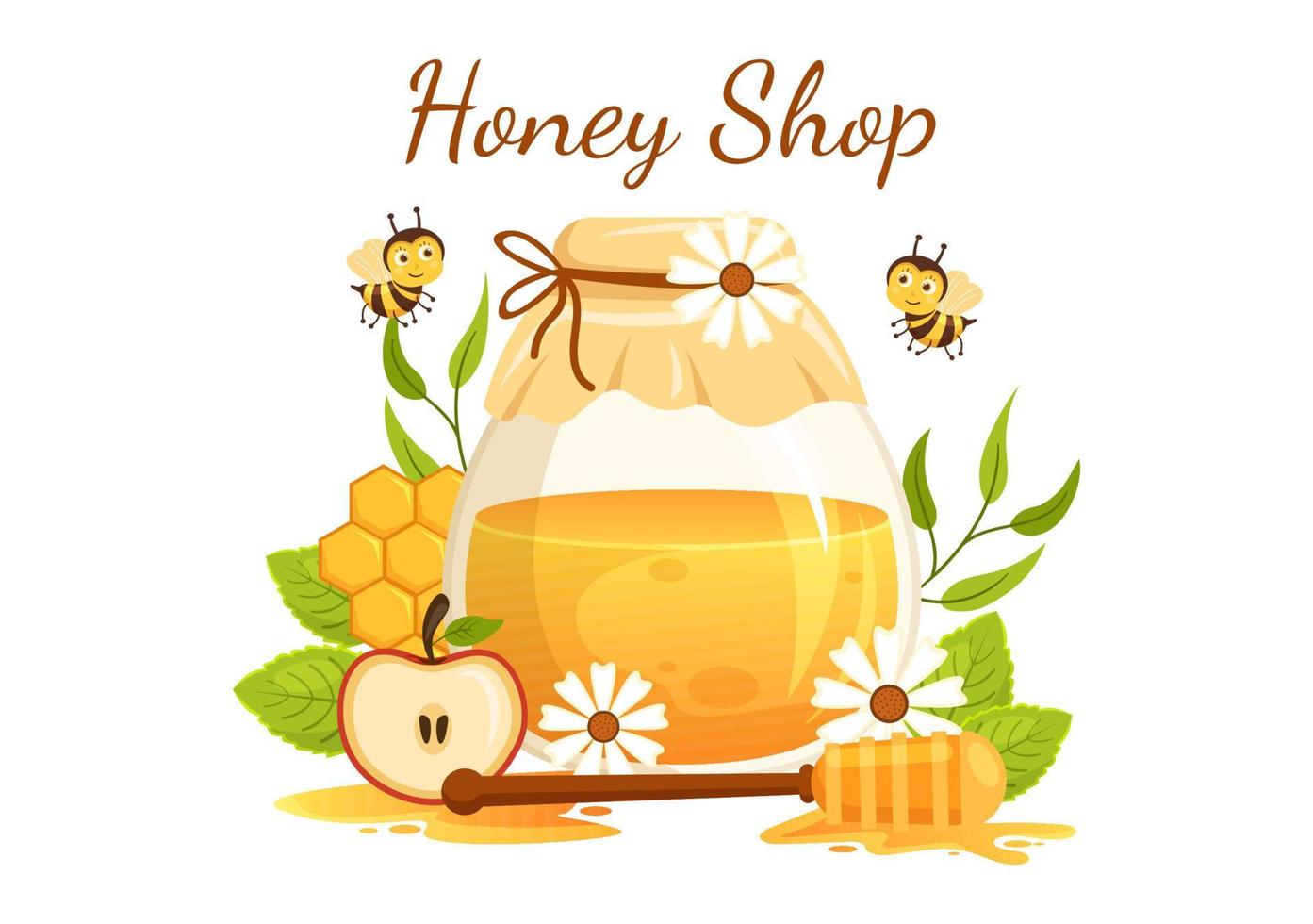 tienda de miel con un tarro de producto útil natural, abeja o panales para ser consumidos en dibujos animados planos dibujados a mano ilustración de plantillas vector