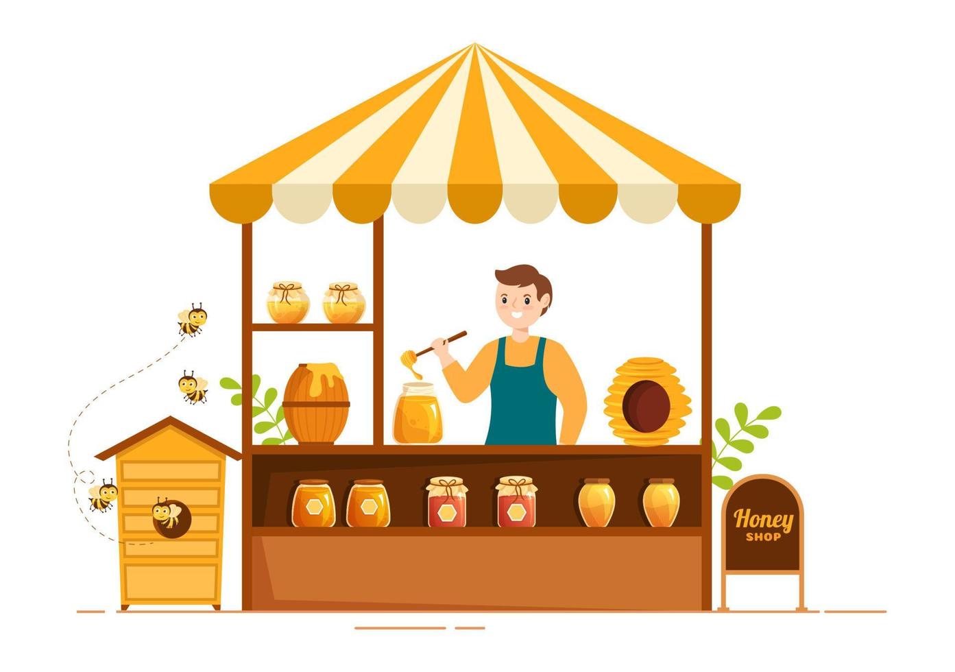 tienda de miel con un tarro de producto útil natural, abeja o panales para ser consumidos en dibujos animados planos dibujados a mano ilustración de plantillas vector