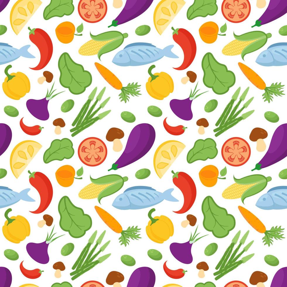 Vegetarian, Fruit and Vegetables Seamless Pattern Design with Fresh, Organic and Natural Food in Hand Drawn Flat Cartoon Background Illustration vector
