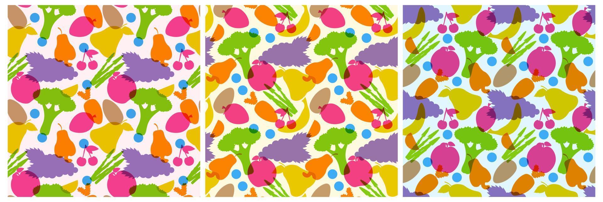 Set of Vegetarian, Fruit or Vegetables Seamless Pattern Design with Fresh, Organic and Natural Food in Hand Drawn Flat Cartoon Background Illustration vector