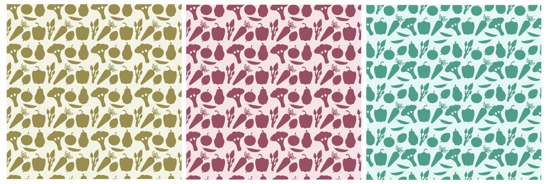 Set of Vegetarian, Fruit or Vegetables Seamless Pattern Design with Fresh, Organic and Natural Food in Hand Drawn Flat Cartoon Background Illustration vector