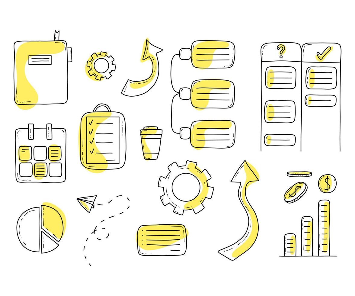 Doodle business and management icons bundle vector isolated
