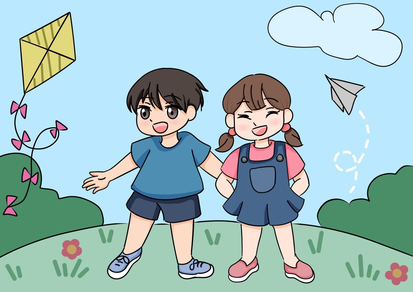 ilustración de fondo infantil con 2 personajes infantiles y jugando al aire libre vector