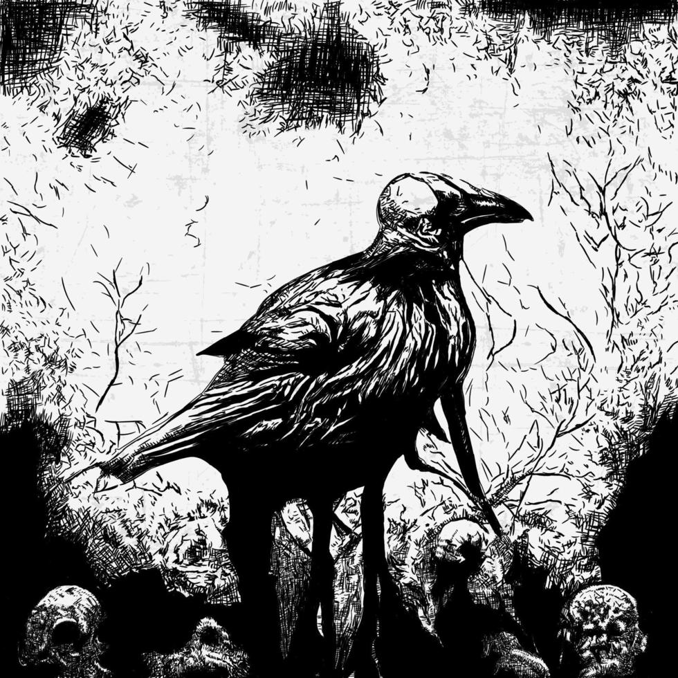 death metal horror art with crow and skull vector