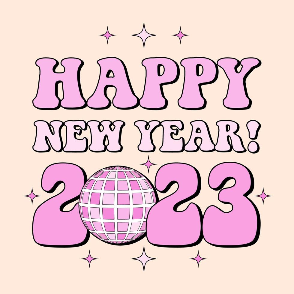 Cita de feliz año nuevo 2023, tipografía maravillosa con bola disco retro sobre fondo beige. tarjeta de felicitación rosa vintage de los años 70, pegatina, pancarta vector