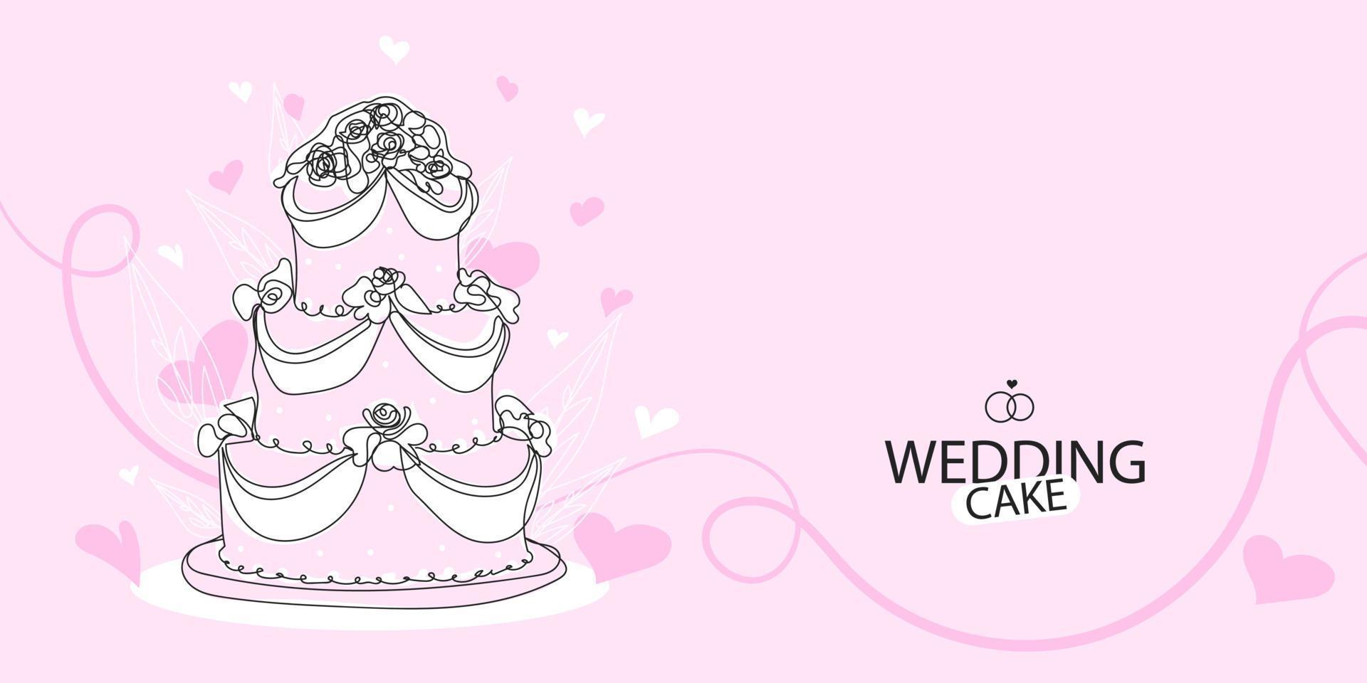 Wedding cake with rose outlines illustration in the style of drawing a continuous line, black linear design vector