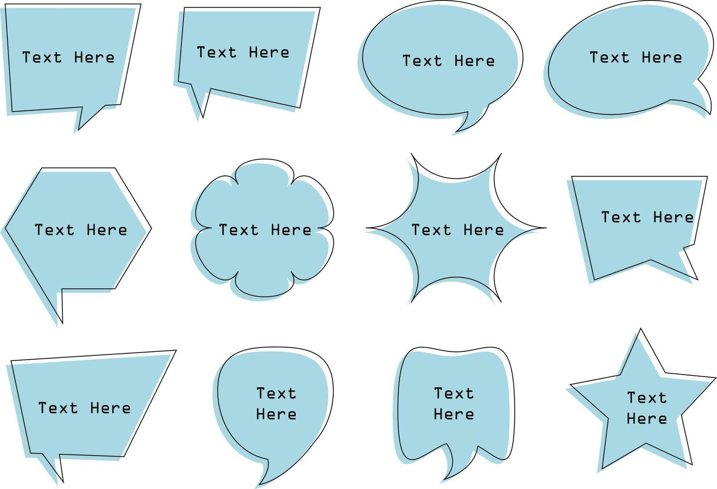 Set of speak bubble, chatting box, and message box outline vector illustration design in different shapes.