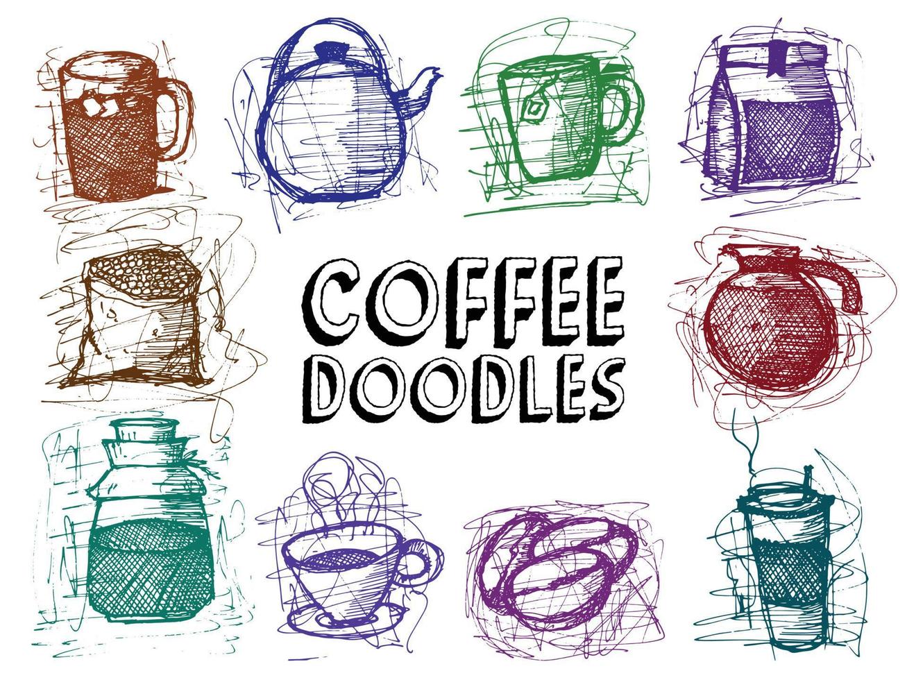 Set of Colorfull Chaotic Random Lines Coffee House Doodle. vector