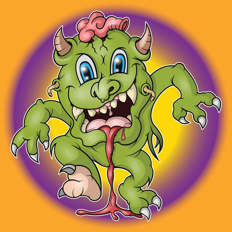 cute green monster is laughing vector