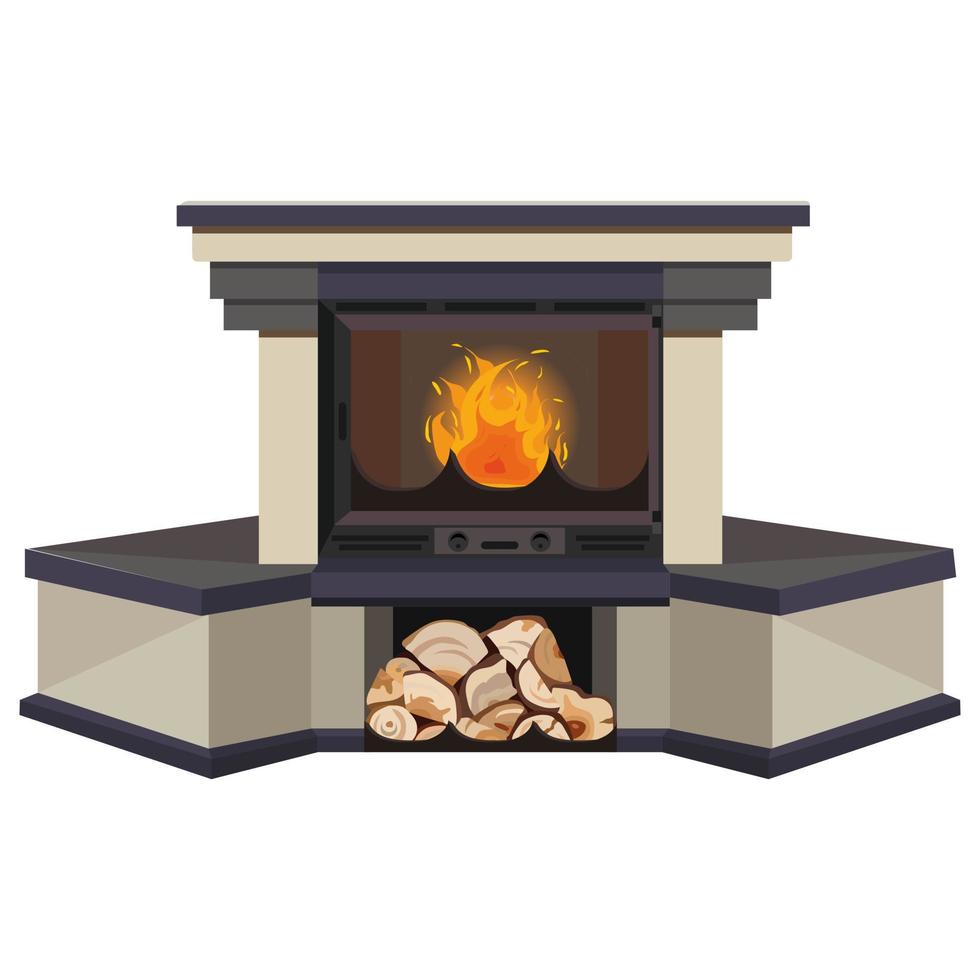 Beautiful fireplace with fire. With stove and wood. Granite stone. Interior element of the living room. Vector illustration. Isolated on white background