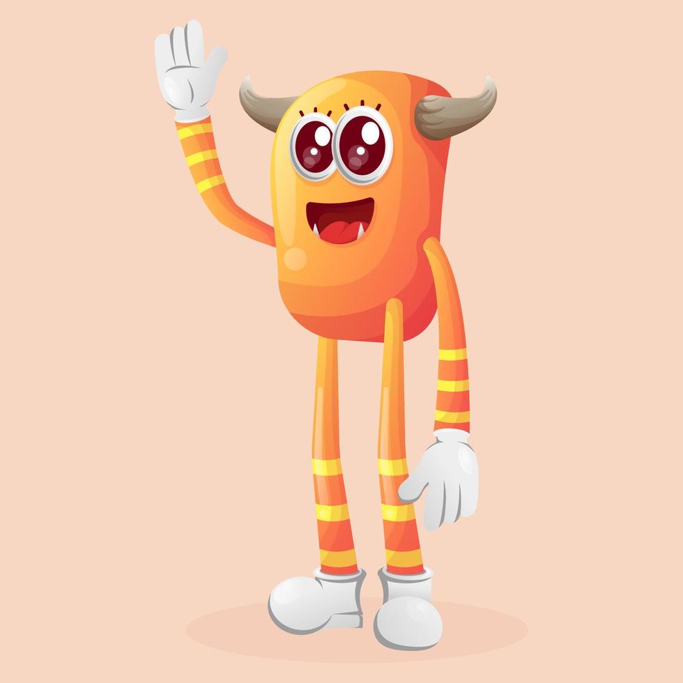 Cute orange monster waving hand vector