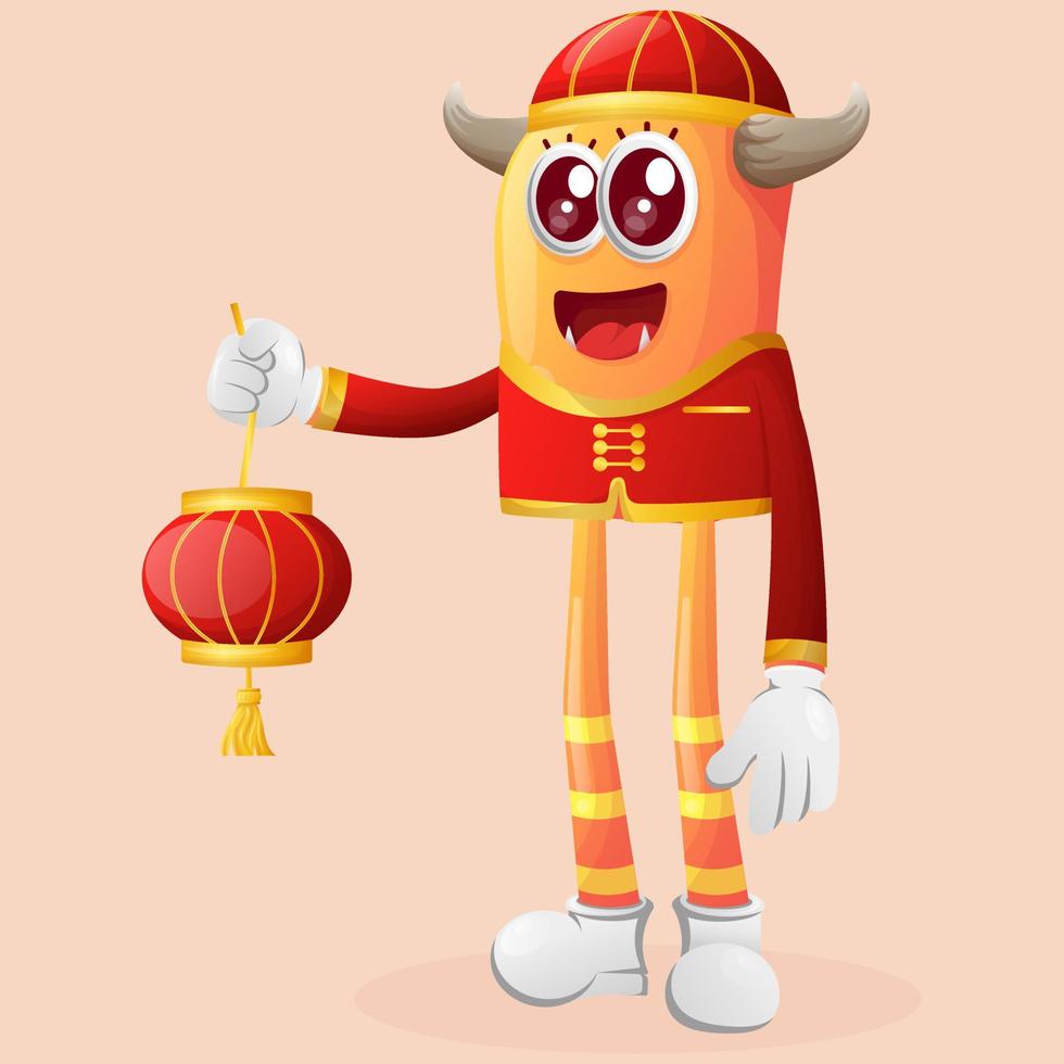 Cute orange monster celebrate chinese new year vector