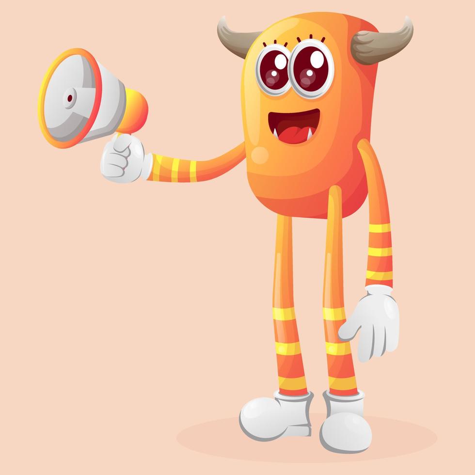 Cute orange monster holding megaphone vector