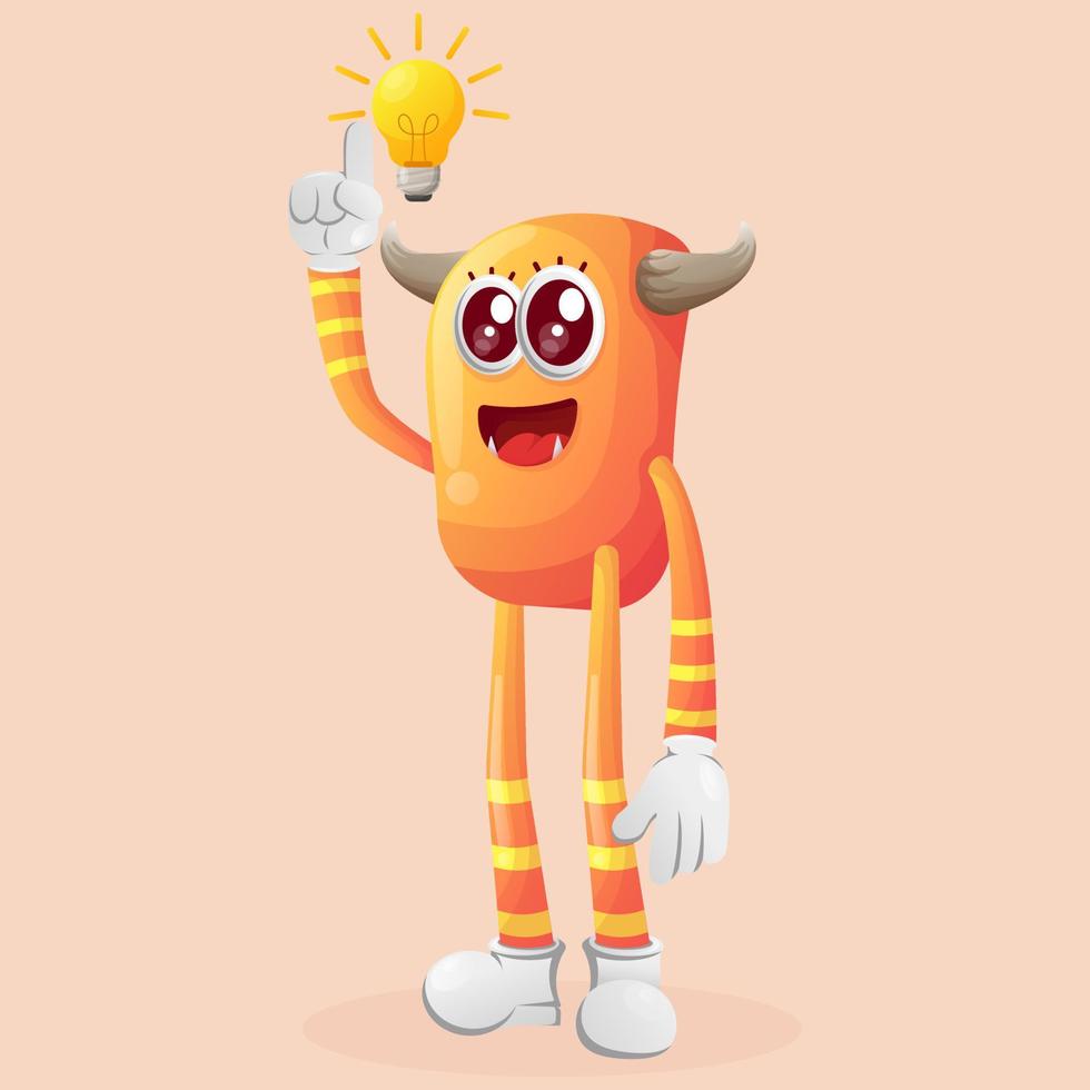 Cute orange monster got an idea, bulb idea, inspiration vector