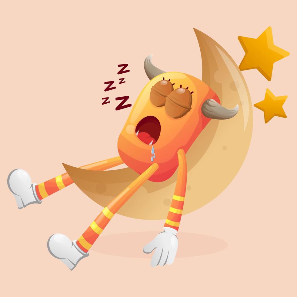 Cute orange monster sleeping, sleeping on the moon vector