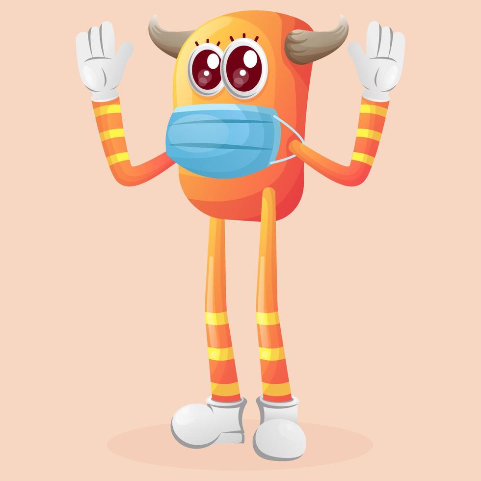 Cute orange monster wearing medical mask, protect from covid-19 vector