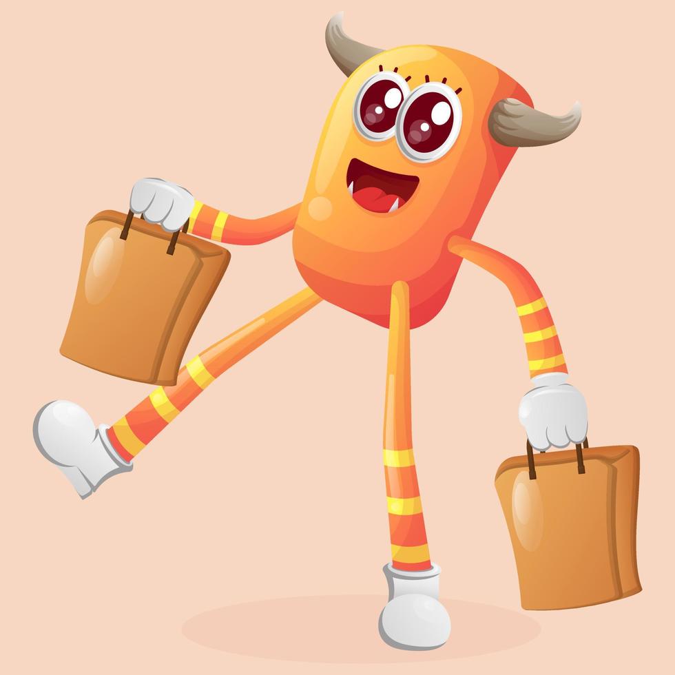 Cute orange monster happy shopping vector
