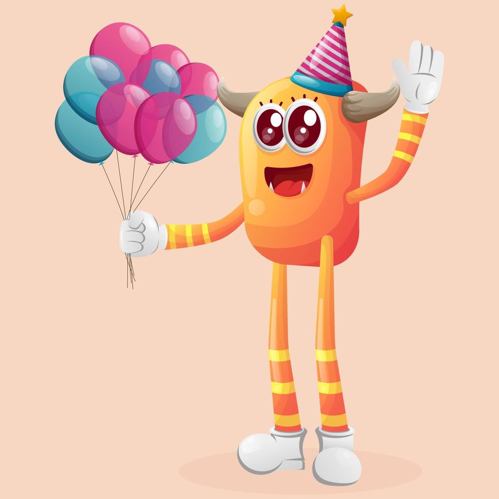 Cute orange monster wearing a birthday hat, holding balloons vector