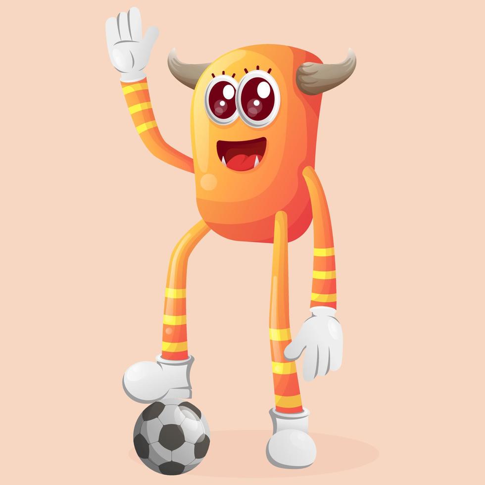 Cute orange monster play football, soccer ball vector