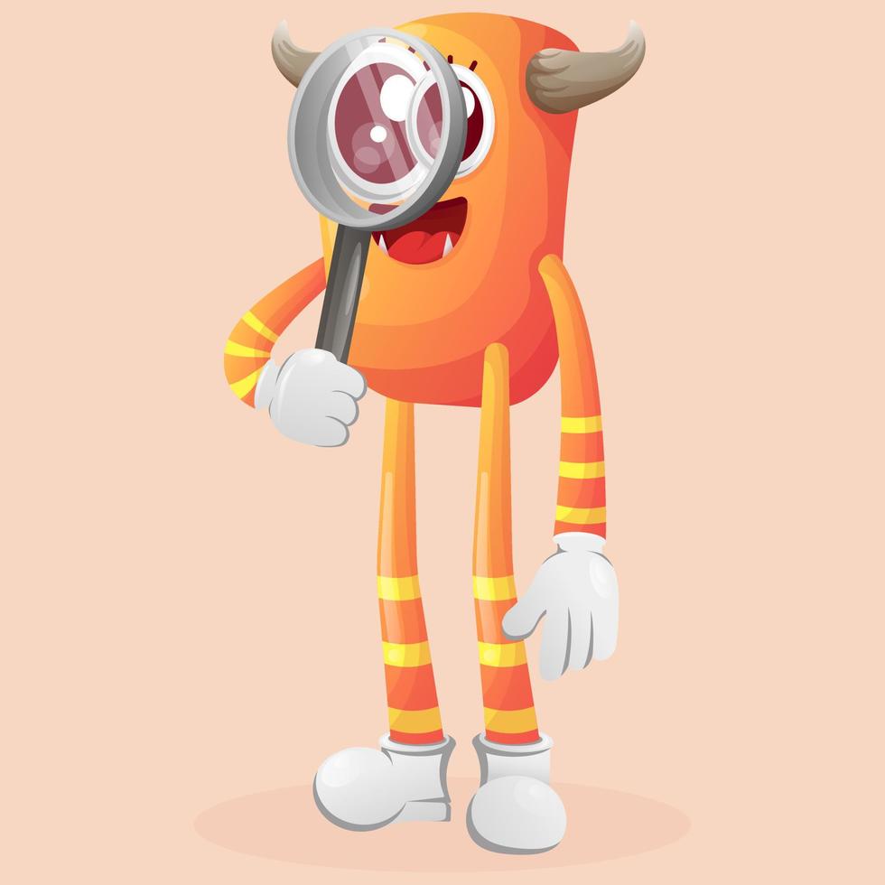 Cute orange monster conducting research, holding a magnifying glass vector