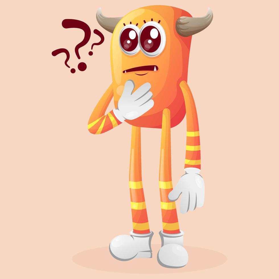 Cute orange monster asking questions vector