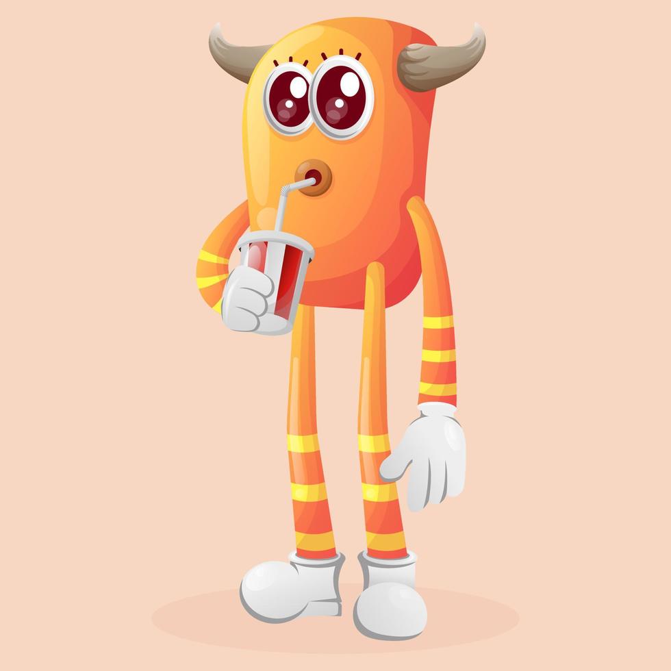 lindo monstruo naranja bebiendo refrescos, cola vector