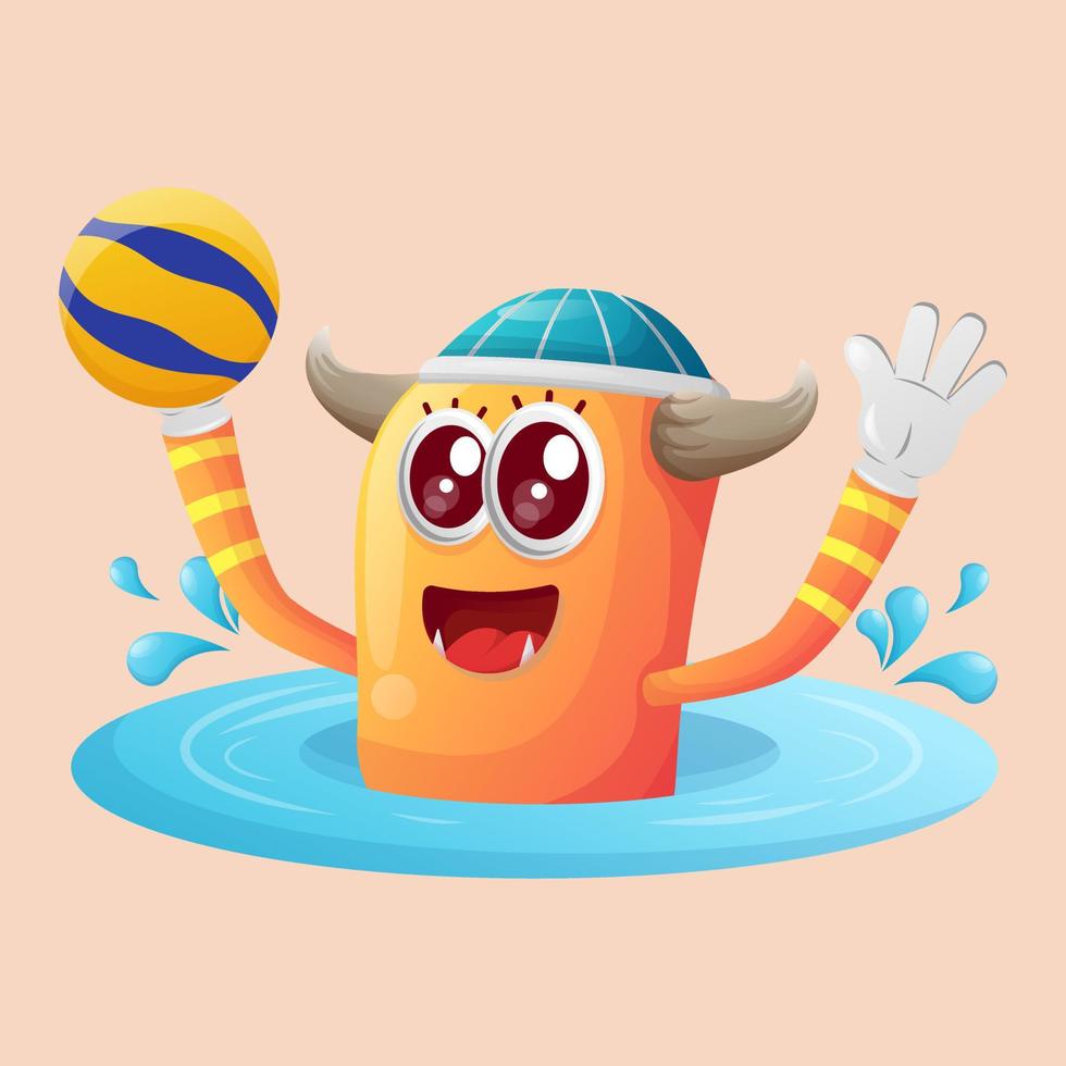 Cute orange monster playing waterpolo vector