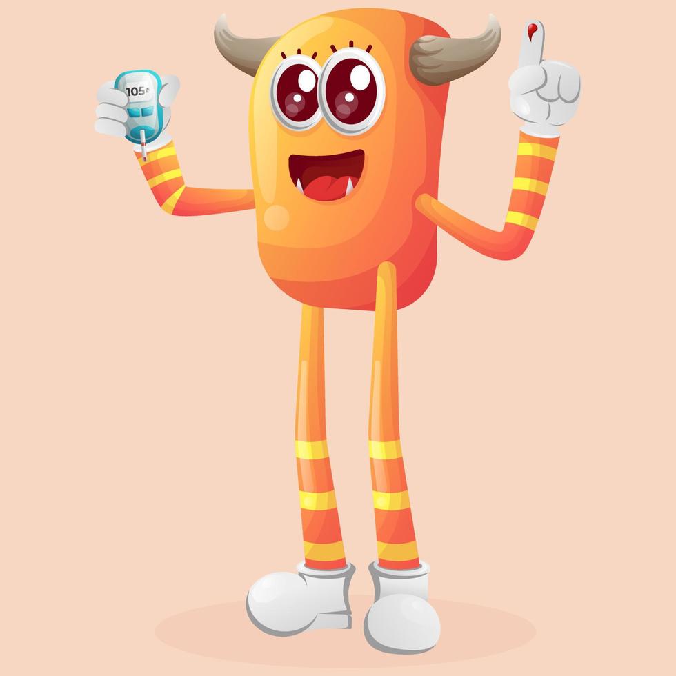 Cute orange monster holding a blood glucose meter vector