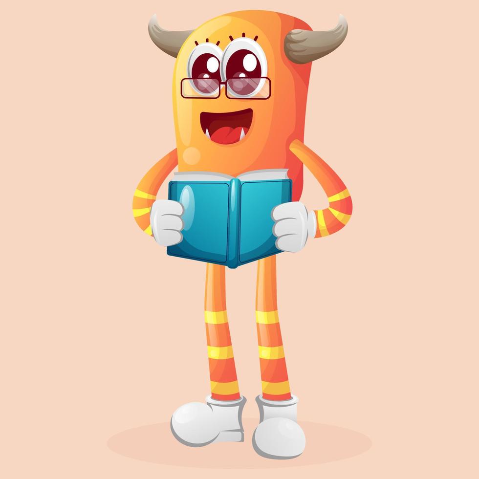 Cute orange monster reading a book vector