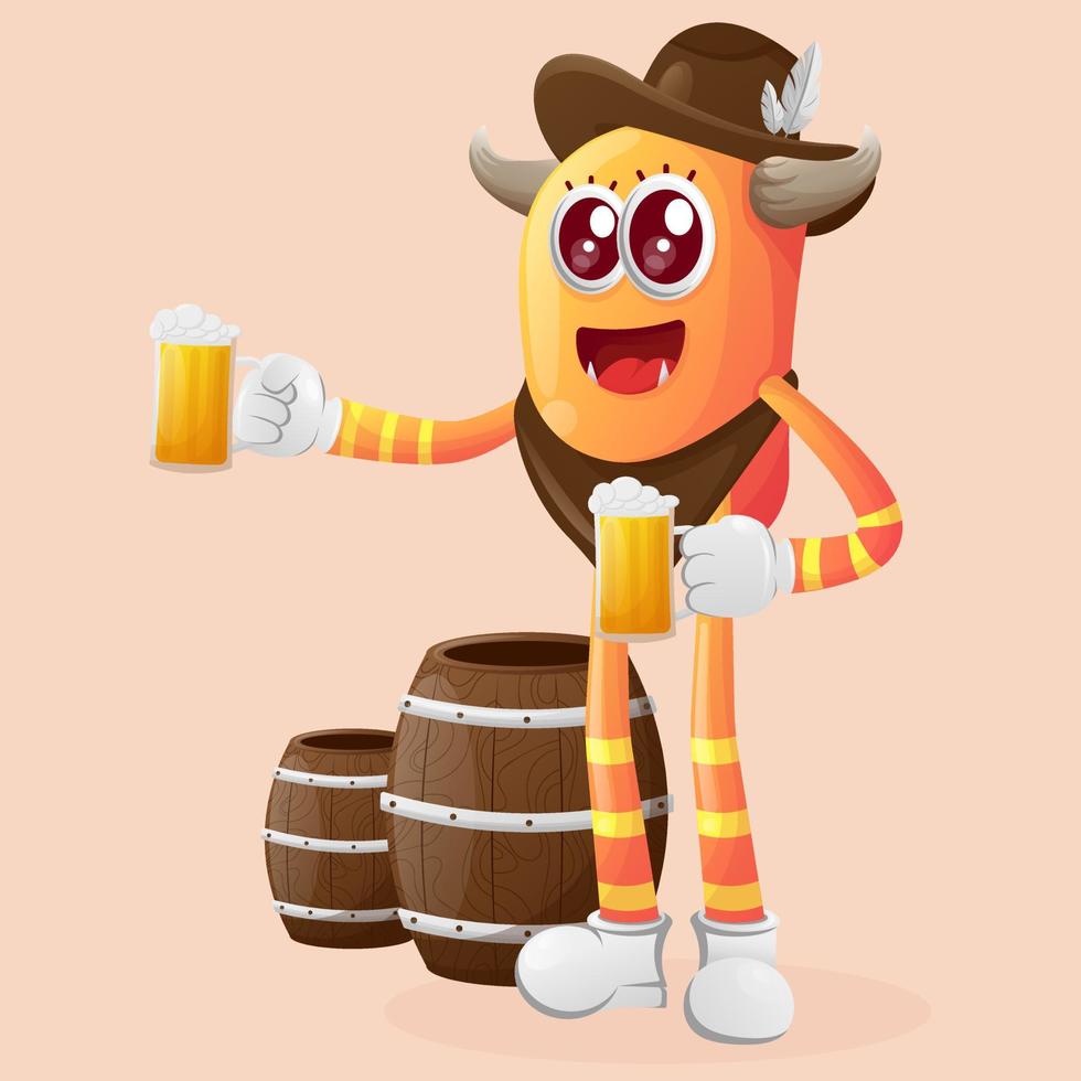 lindo monstruo naranja celebra el oktoberfest con cerveza vector