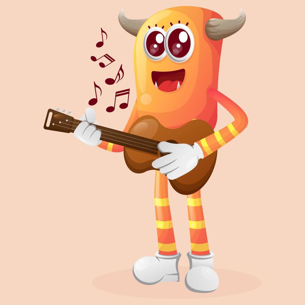 Cute orange monster playing guitar vector