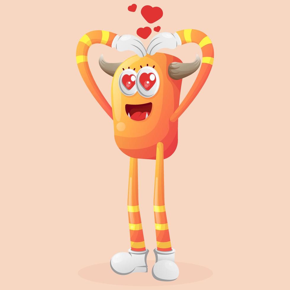 Monstruo naranja lindo con mano de signo de corazón de amor vector